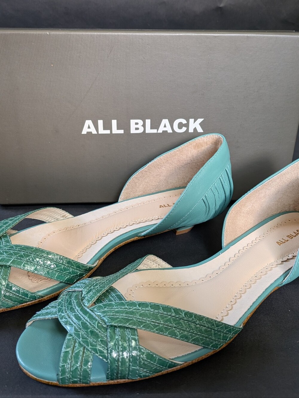 ALL BLACK Women's Turquoise Open Toe Flats/Tiny Heel Size 9 BRAND NEW IN BOX!